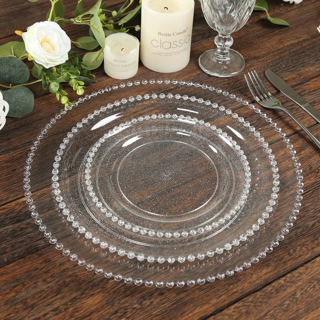 10 - Pack Economy Round Plastic Charger Plates 13" in Clear Beaded Rim, Stylish Dinner Party Serving Plates - Bell Racket Store