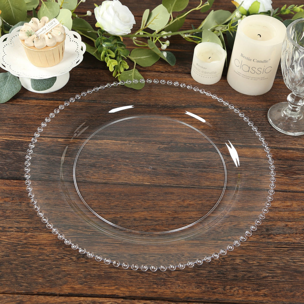 10 - Pack Economy Round Plastic Charger Plates 13" in Clear Beaded Rim, Stylish Dinner Party Serving Plates - Bell Racket Store