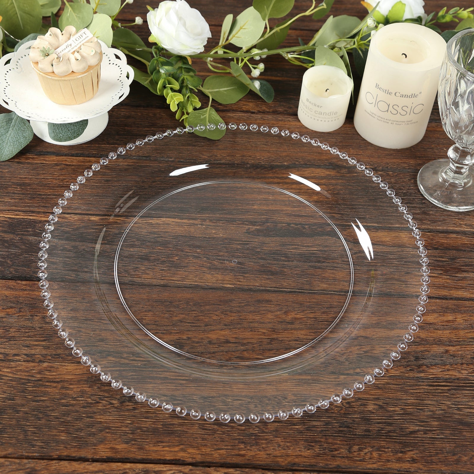 10 - Pack Economy Round Plastic Charger Plates 13" in Clear Beaded Rim, Stylish Dinner Party Serving Plates - Bell Racket Store