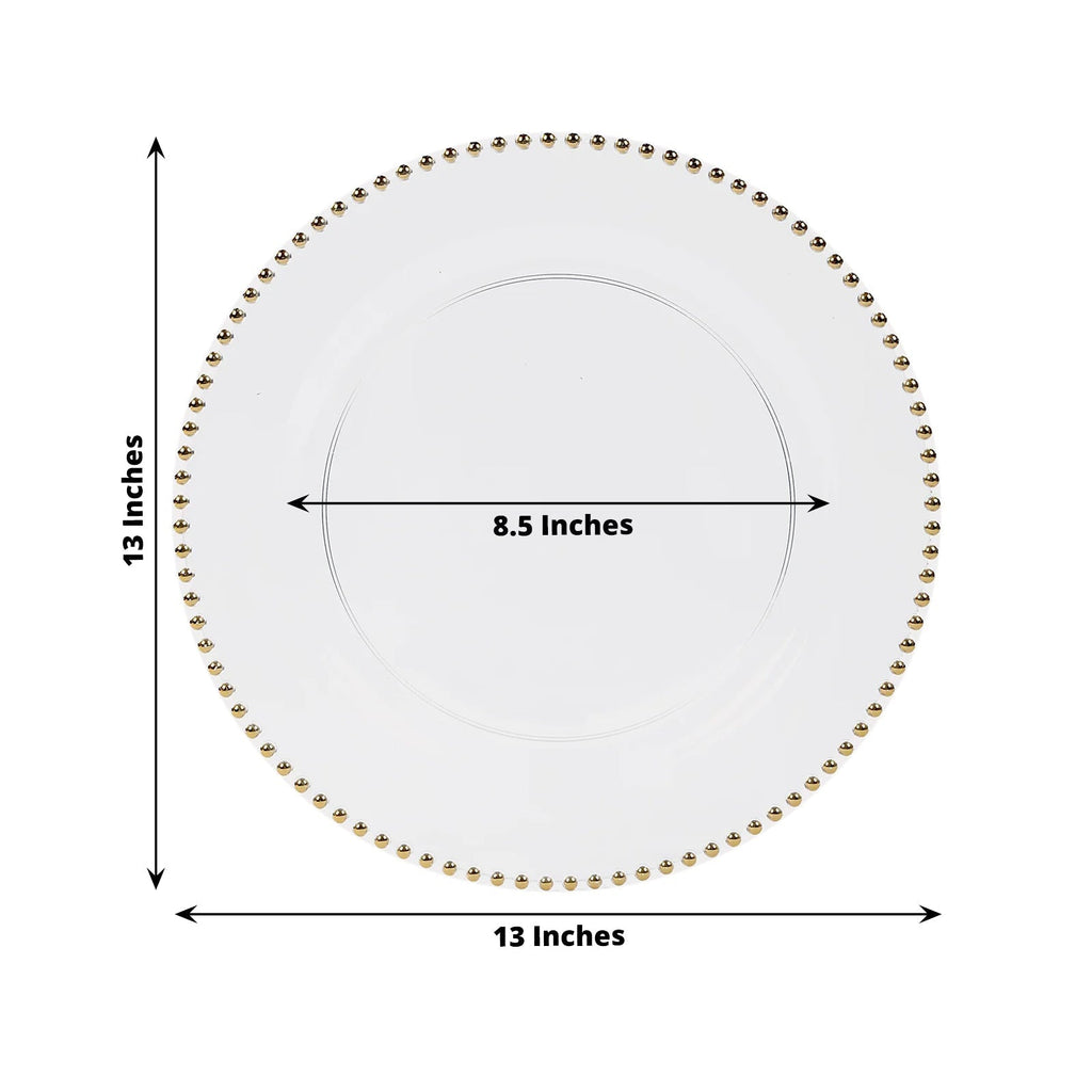 10 - Pack Economy Round Plastic Charger Plates 13" in Clear with Gold Beaded Rim, Stylish Dinner Party Serving Plates - Bell Racket Store