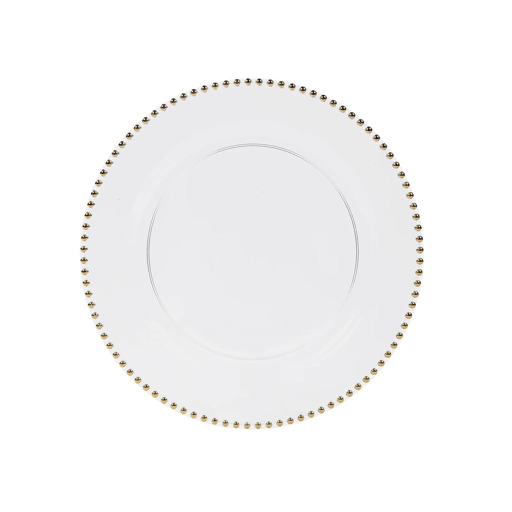 10 - Pack Economy Round Plastic Charger Plates 13" in Clear with Gold Beaded Rim, Stylish Dinner Party Serving Plates - Bell Racket Store