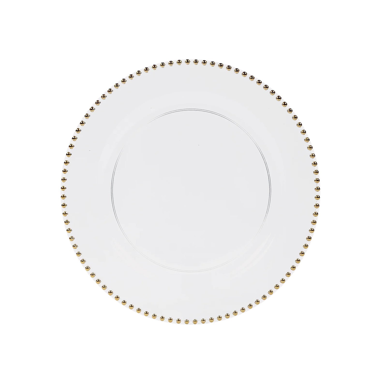 10 - Pack Economy Round Plastic Charger Plates 13" in Clear with Gold Beaded Rim, Stylish Dinner Party Serving Plates - Bell Racket Store