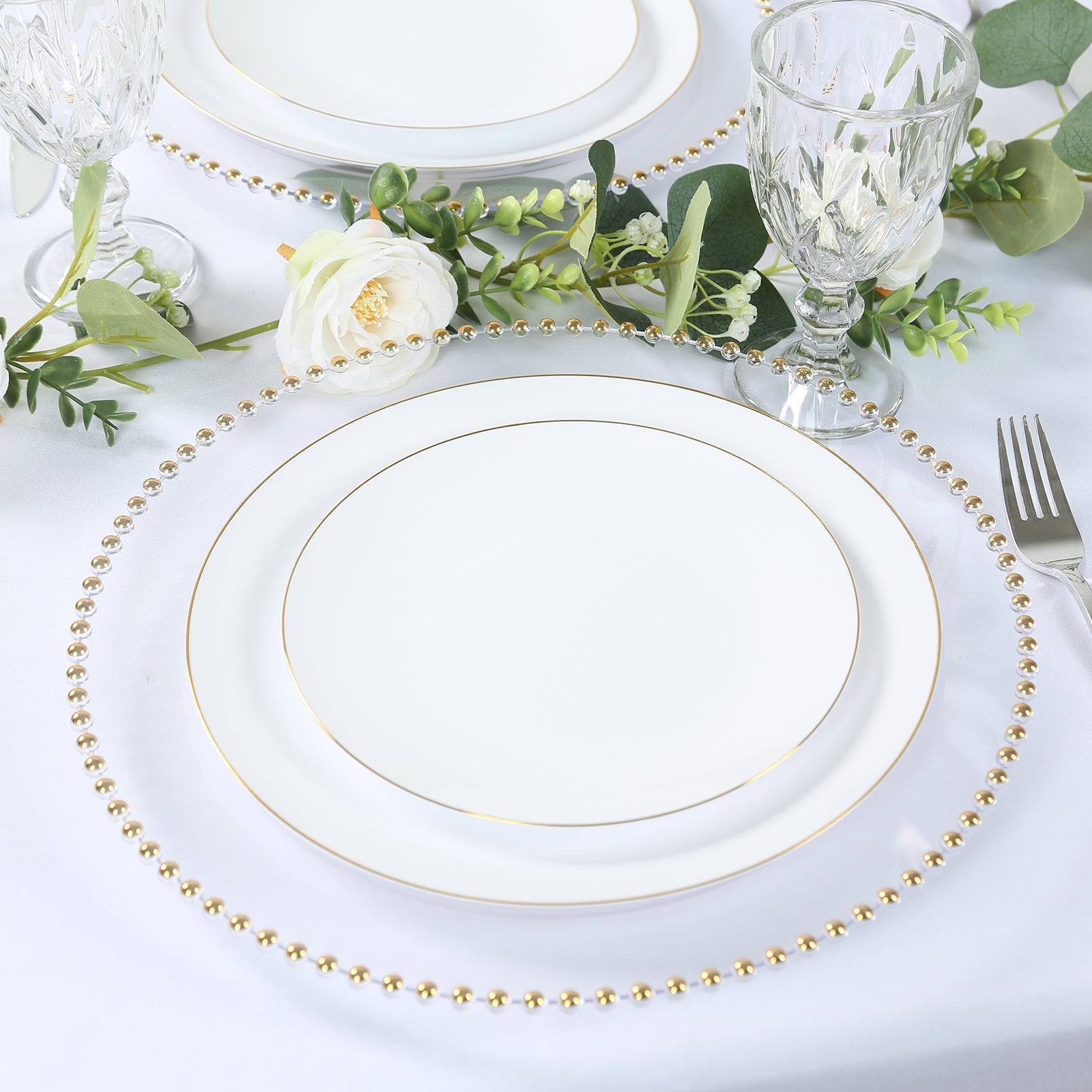 10 - Pack Economy Round Plastic Charger Plates 13" in Clear with Gold Beaded Rim, Stylish Dinner Party Serving Plates - Bell Racket Store