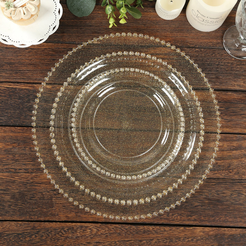 10 - Pack Economy Round Plastic Charger Plates 13" in Clear/Gold Glitter with Beaded Rim, Stylish Dinner Party Serving Plates - Bell Racket Store