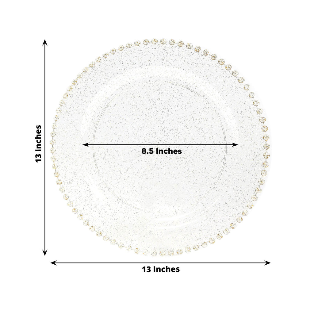 10 - Pack Economy Round Plastic Charger Plates 13" in Clear/Gold Glitter with Beaded Rim, Stylish Dinner Party Serving Plates - Bell Racket Store