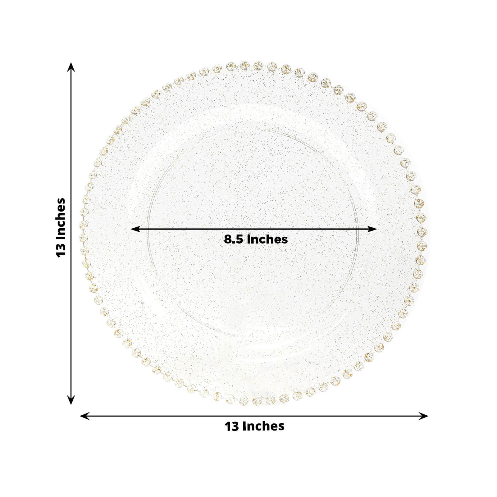 10 - Pack Economy Round Plastic Charger Plates 13" in Clear/Gold Glitter with Beaded Rim, Stylish Dinner Party Serving Plates - Bell Racket Store