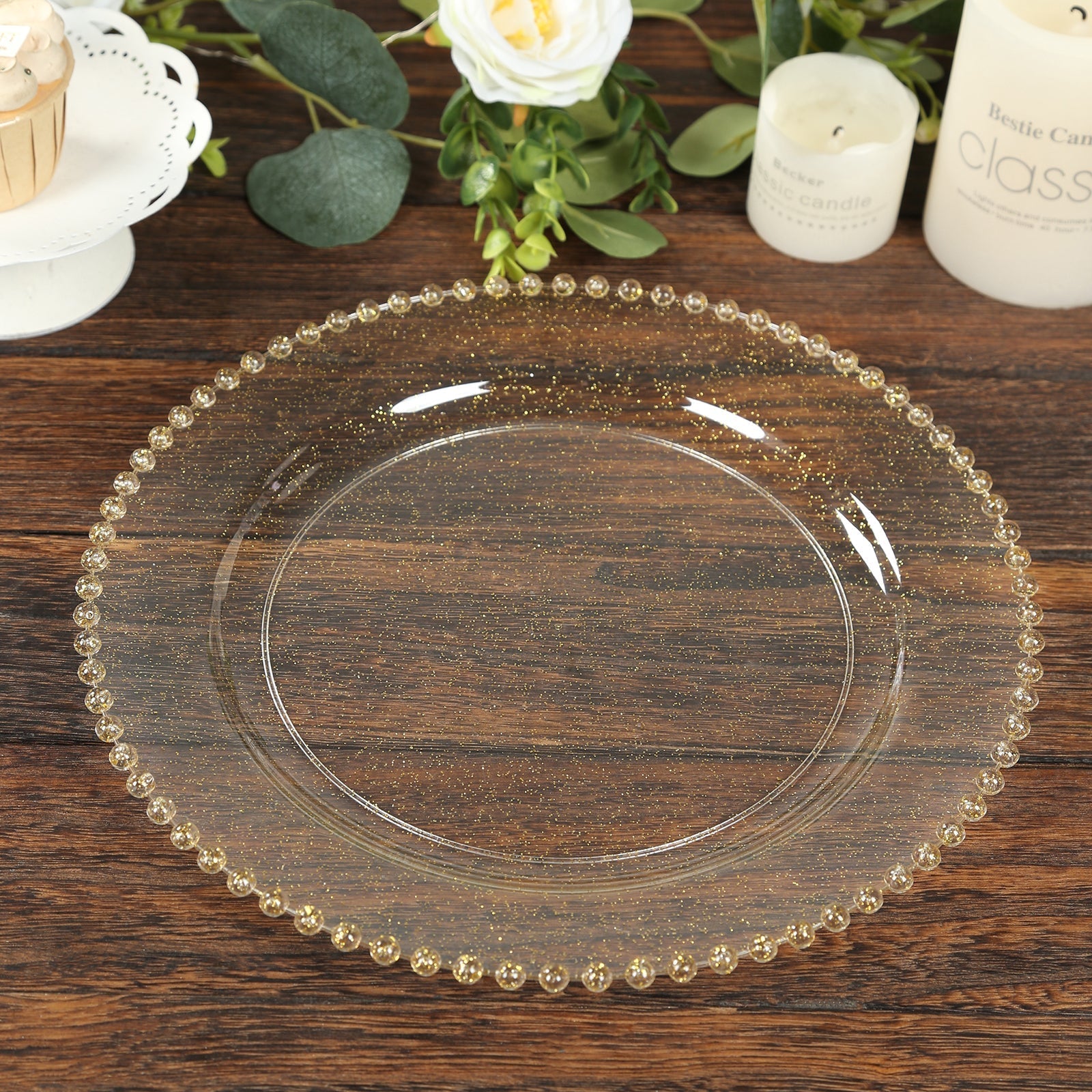 10 - Pack Economy Round Plastic Charger Plates 13" in Clear/Gold Glitter with Beaded Rim, Stylish Dinner Party Serving Plates - Bell Racket Store