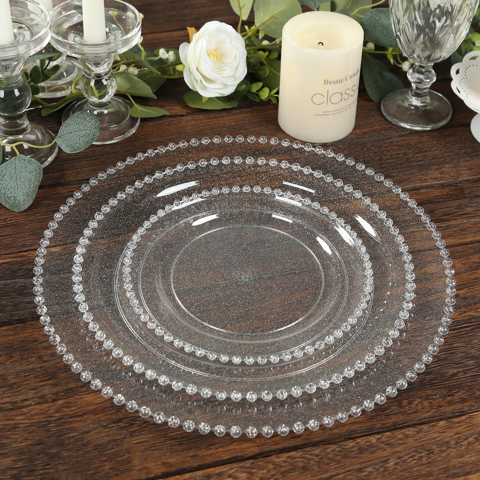 10 - Pack Economy Round Plastic Charger Plates 13" in Clear/Silver Glitter with Beaded Rim, Stylish Dinner Party Serving Plates - Bell Racket Store