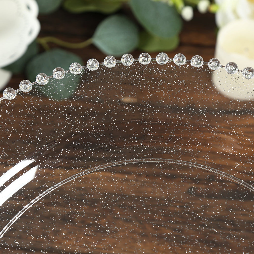 10 - Pack Economy Round Plastic Charger Plates 13" in Clear/Silver Glitter with Beaded Rim, Stylish Dinner Party Serving Plates - Bell Racket Store