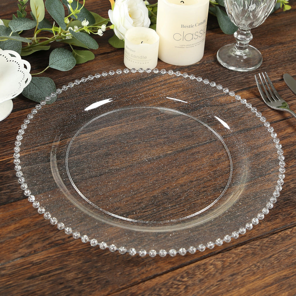 10 - Pack Economy Round Plastic Charger Plates 13" in Clear/Silver Glitter with Beaded Rim, Stylish Dinner Party Serving Plates - Bell Racket Store
