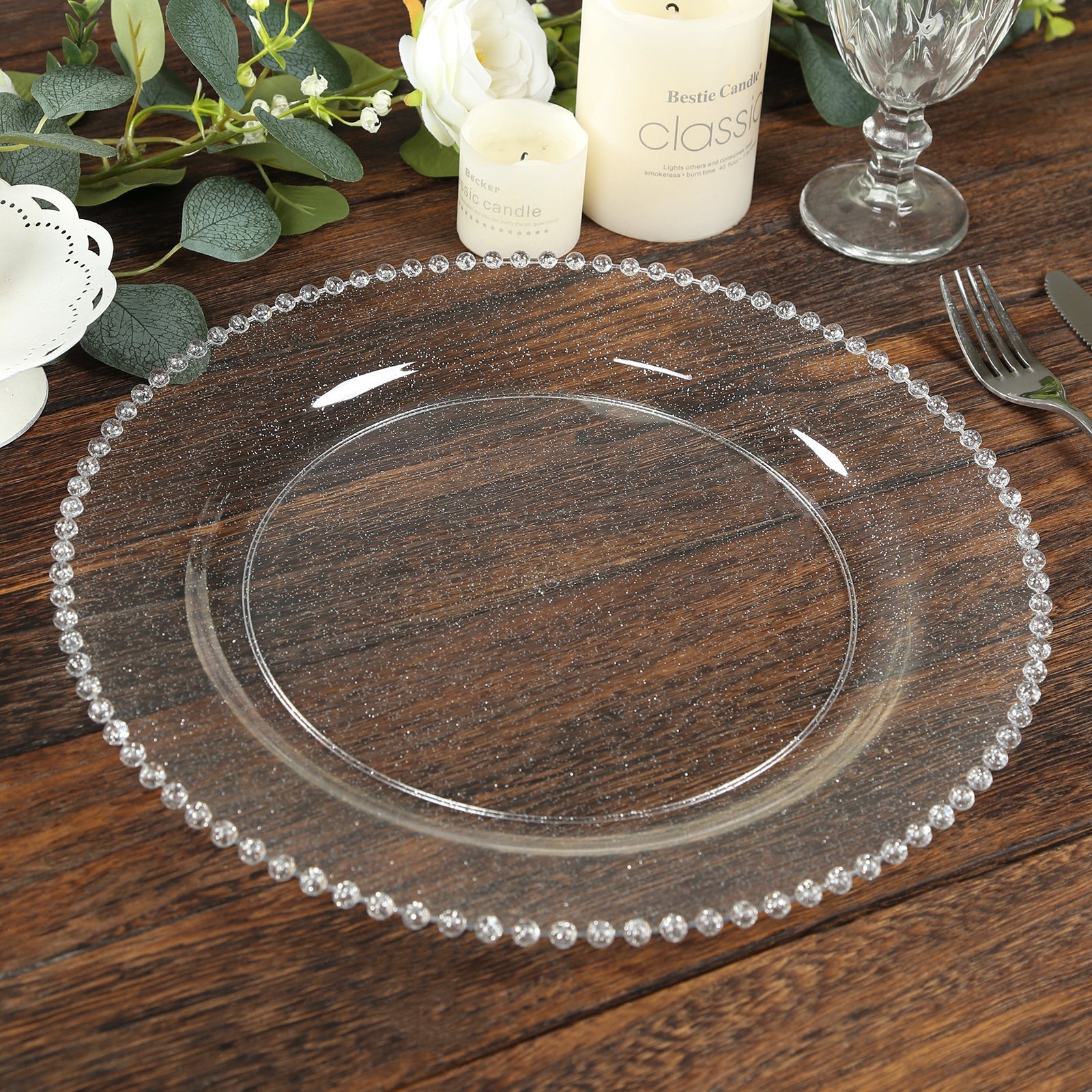 10 - Pack Economy Round Plastic Charger Plates 13" in Clear/Silver Glitter with Beaded Rim, Stylish Dinner Party Serving Plates - Bell Racket Store