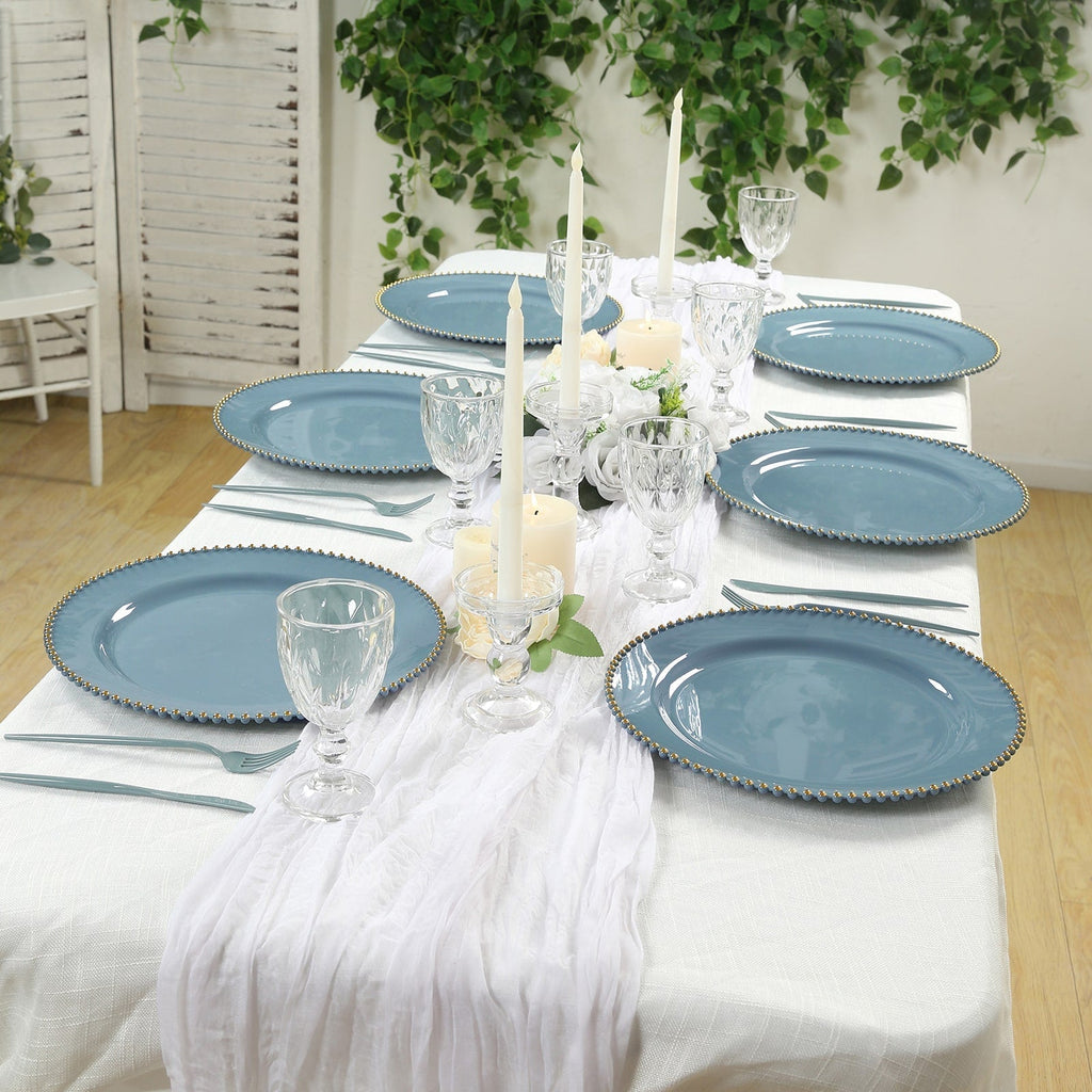 10 - Pack Economy Round Plastic Charger Plates 13" in Dusty Blue with Gold Beaded Rim, Stylish Dinner Party Serving Plates - Bell Racket Store