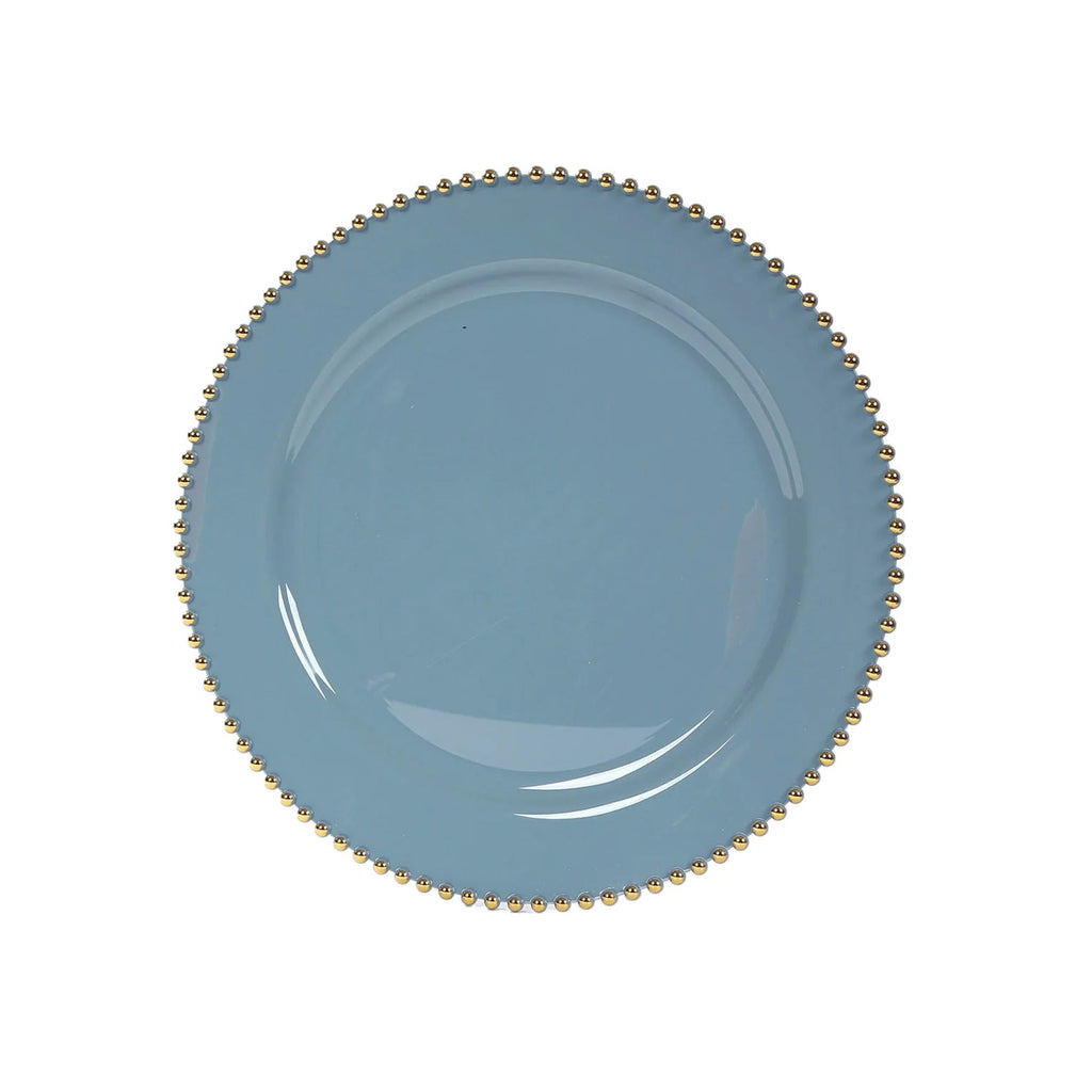 10 - Pack Economy Round Plastic Charger Plates 13" in Dusty Blue with Gold Beaded Rim, Stylish Dinner Party Serving Plates - Bell Racket Store