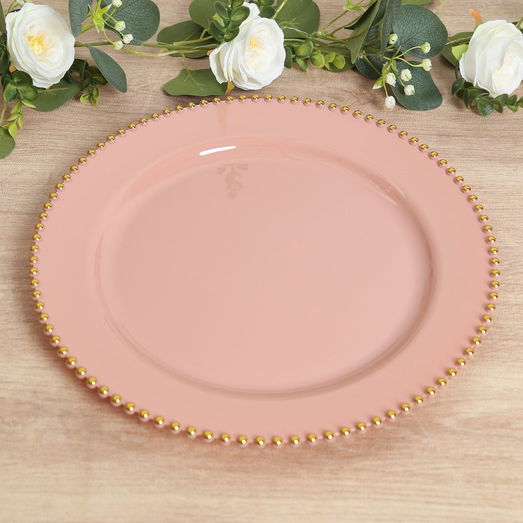 10 - Pack Economy Round Plastic Charger Plates 13" in Dusty Rose with Gold Beaded Rim, Stylish Dinner Party Serving Plates - Bell Racket Store