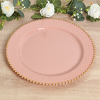 10 - Pack Economy Round Plastic Charger Plates 13" in Dusty Rose with Gold Beaded Rim, Stylish Dinner Party Serving Plates - Bell Racket Store