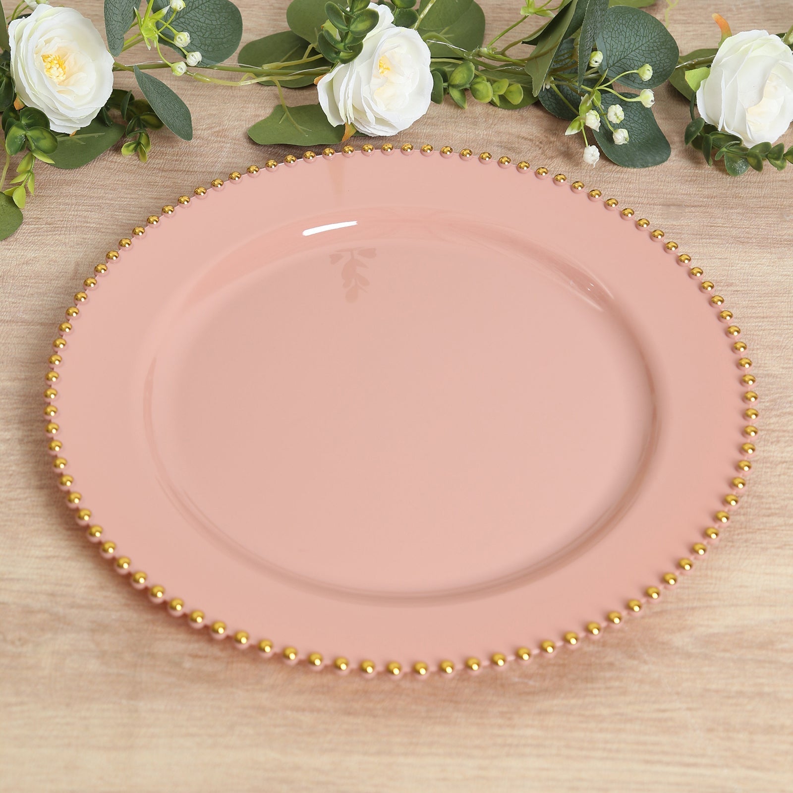 10 - Pack Economy Round Plastic Charger Plates 13" in Dusty Rose with Gold Beaded Rim, Stylish Dinner Party Serving Plates - Bell Racket Store
