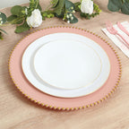 10 - Pack Economy Round Plastic Charger Plates 13" in Dusty Rose with Gold Beaded Rim, Stylish Dinner Party Serving Plates - Bell Racket Store