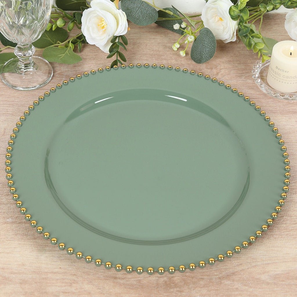 10 - Pack Economy Round Plastic Charger Plates 13" in Dusty Sage Green with Gold Beaded Rim, Stylish Dinner Party Serving Plates - Bell Racket Store