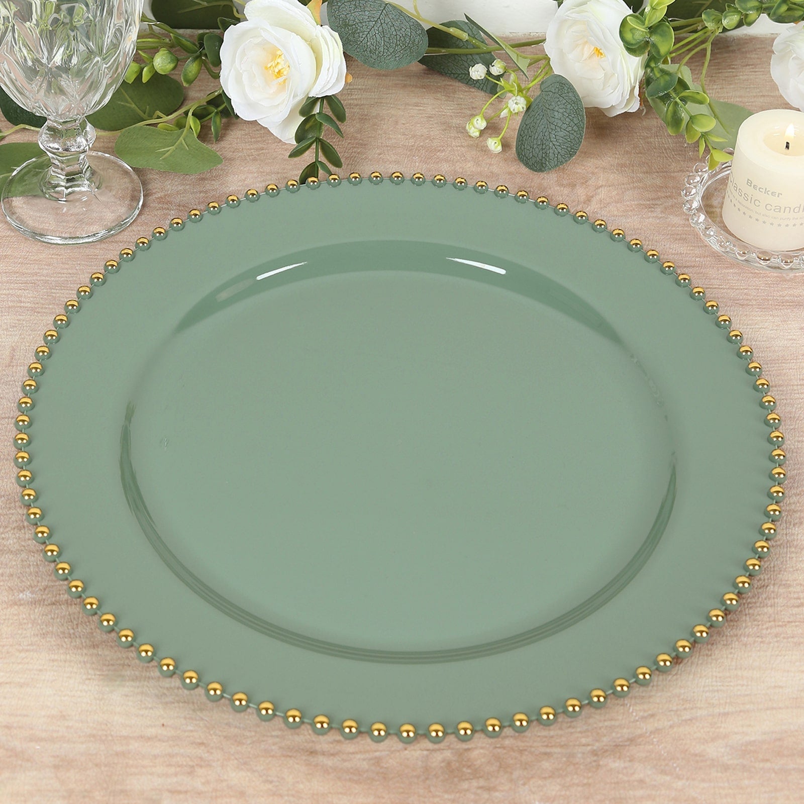 10 - Pack Economy Round Plastic Charger Plates 13" in Dusty Sage Green with Gold Beaded Rim, Stylish Dinner Party Serving Plates - Bell Racket Store