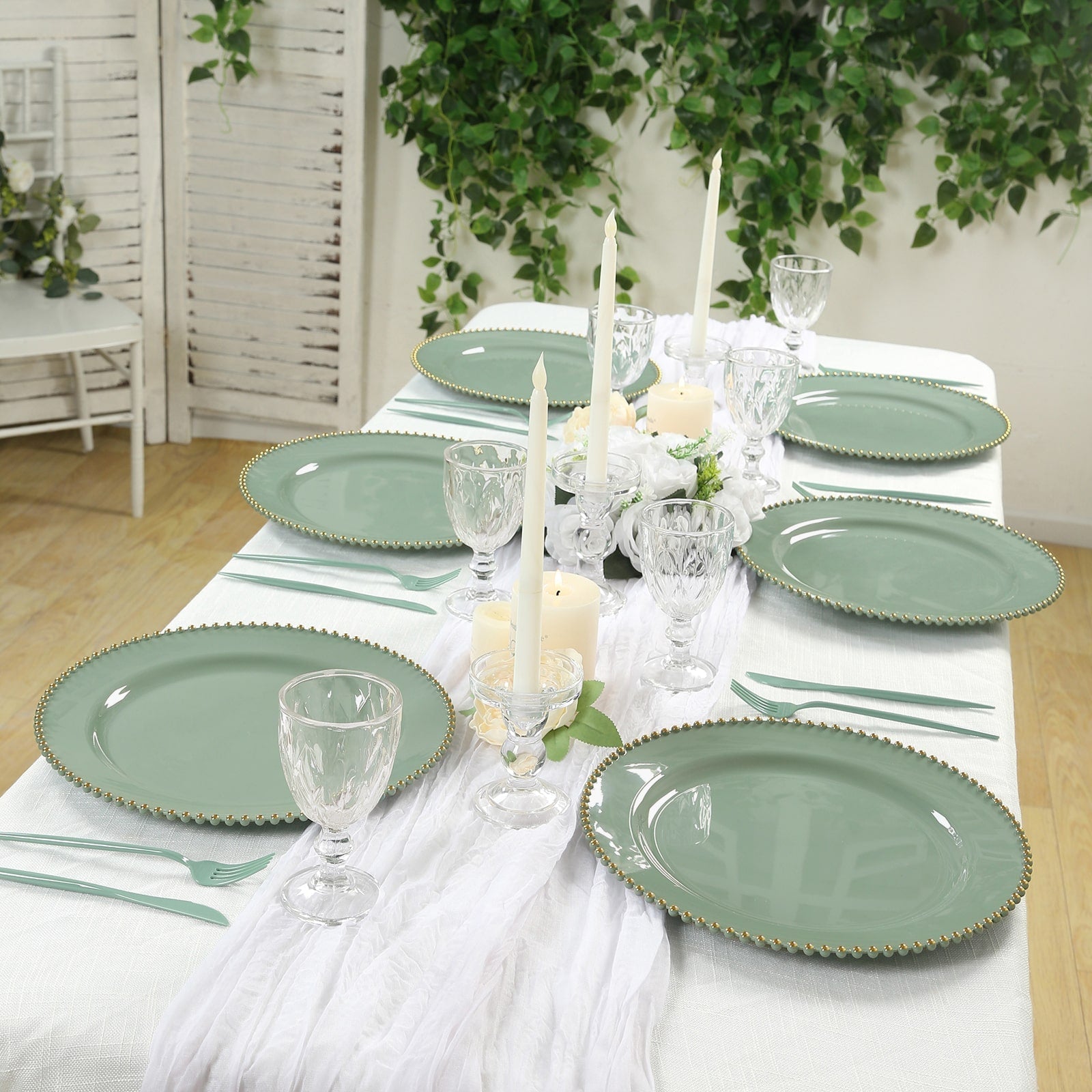 10 - Pack Economy Round Plastic Charger Plates 13" in Dusty Sage Green with Gold Beaded Rim, Stylish Dinner Party Serving Plates - Bell Racket Store