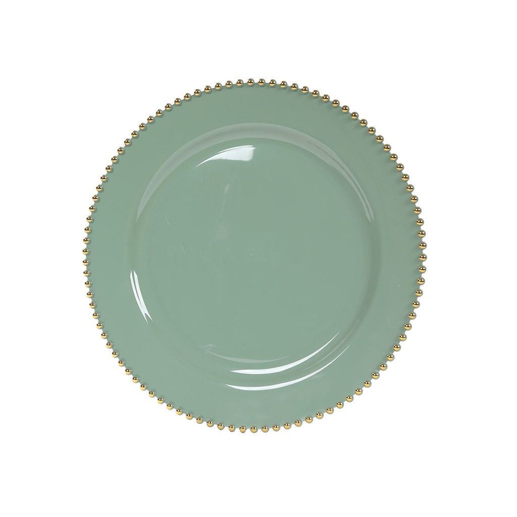 10 - Pack Economy Round Plastic Charger Plates 13" in Dusty Sage Green with Gold Beaded Rim, Stylish Dinner Party Serving Plates - Bell Racket Store