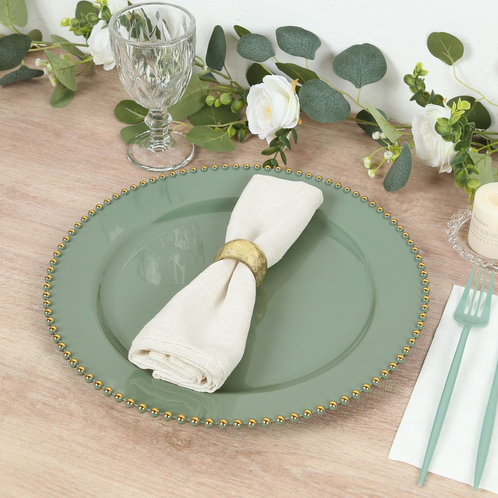 10 - Pack Economy Round Plastic Charger Plates 13" in Dusty Sage Green with Gold Beaded Rim, Stylish Dinner Party Serving Plates - Bell Racket Store