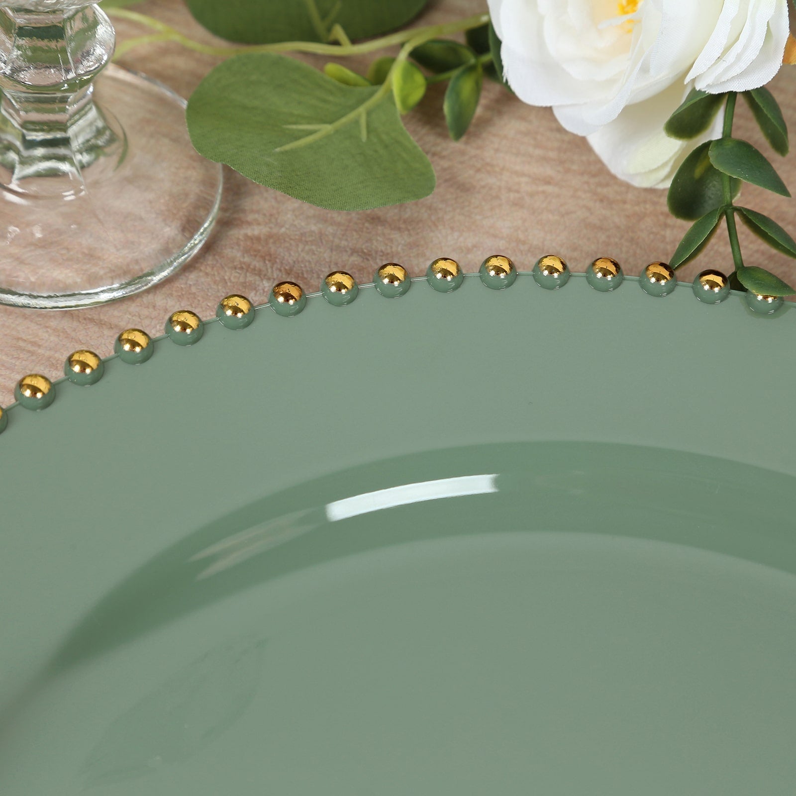 10 - Pack Economy Round Plastic Charger Plates 13" in Dusty Sage Green with Gold Beaded Rim, Stylish Dinner Party Serving Plates - Bell Racket Store