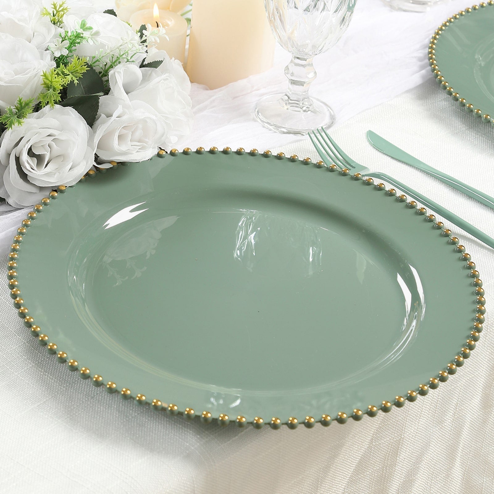 10 - Pack Economy Round Plastic Charger Plates 13" in Dusty Sage Green with Gold Beaded Rim, Stylish Dinner Party Serving Plates - Bell Racket Store