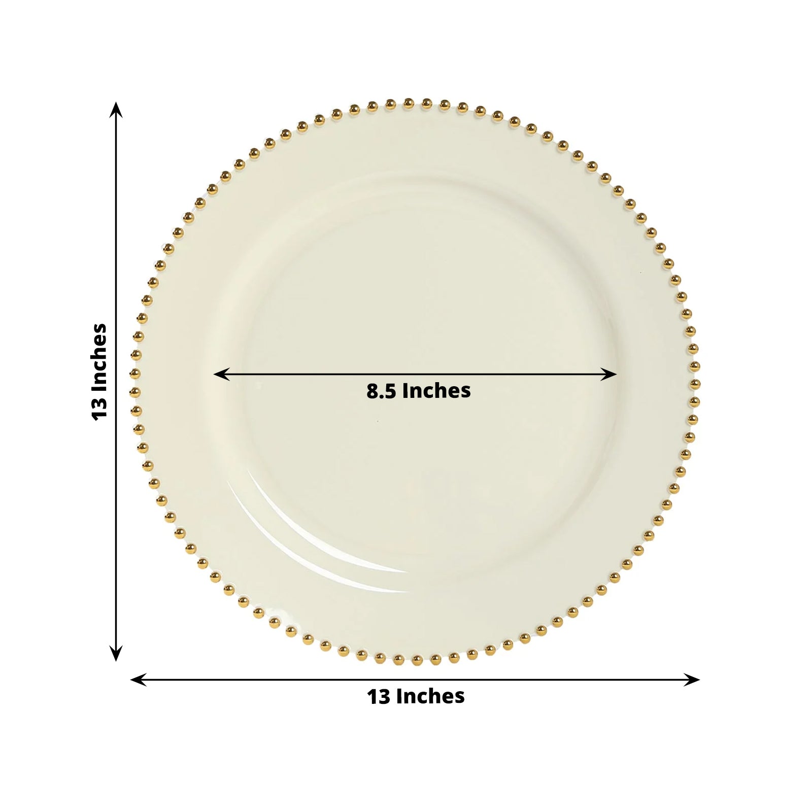 10 - Pack Economy Round Plastic Charger Plates 13" in Ivory with Gold Beaded Rim, Stylish Dinner Party Serving Plates - Bell Racket Store
