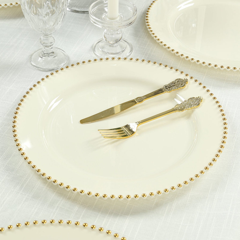 10 - Pack Economy Round Plastic Charger Plates 13" in Ivory with Gold Beaded Rim, Stylish Dinner Party Serving Plates - Bell Racket Store