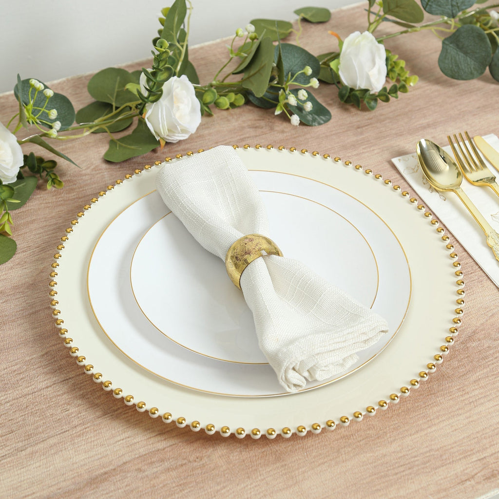 10 - Pack Economy Round Plastic Charger Plates 13" in Ivory with Gold Beaded Rim, Stylish Dinner Party Serving Plates - Bell Racket Store