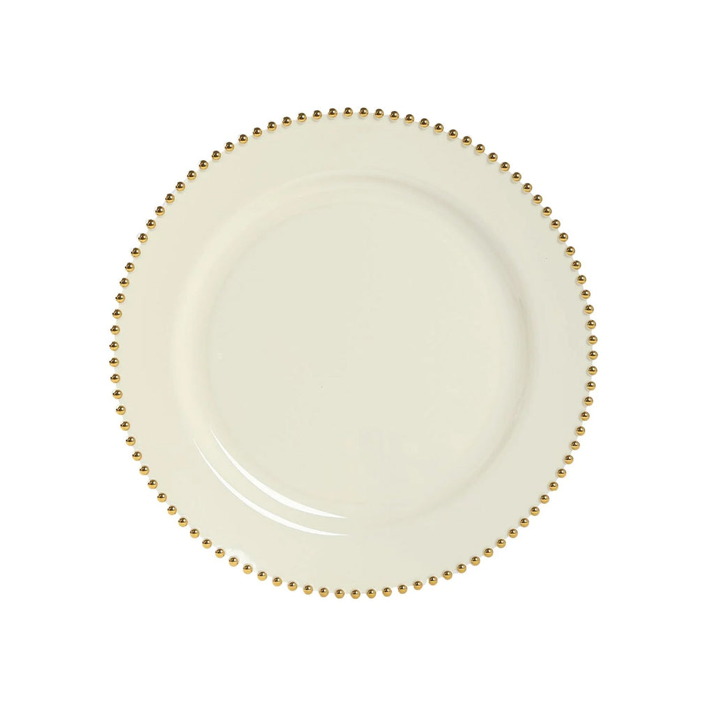 10 - Pack Economy Round Plastic Charger Plates 13" in Ivory with Gold Beaded Rim, Stylish Dinner Party Serving Plates - Bell Racket Store