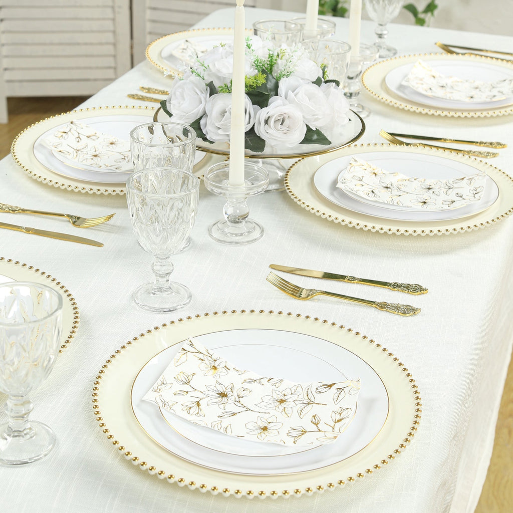 10 - Pack Economy Round Plastic Charger Plates 13" in Ivory with Gold Beaded Rim, Stylish Dinner Party Serving Plates - Bell Racket Store