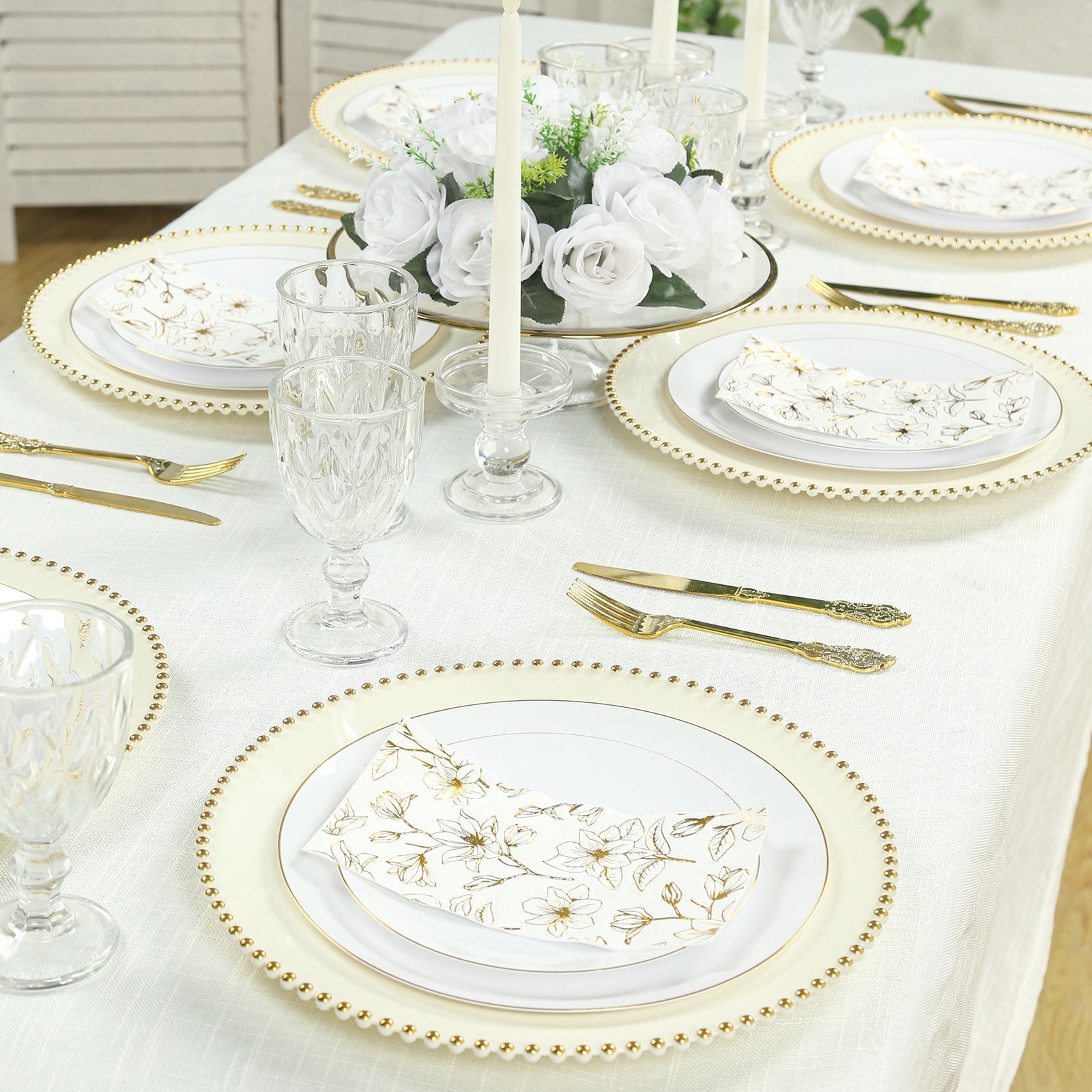 10 - Pack Economy Round Plastic Charger Plates 13" in Ivory with Gold Beaded Rim, Stylish Dinner Party Serving Plates - Bell Racket Store