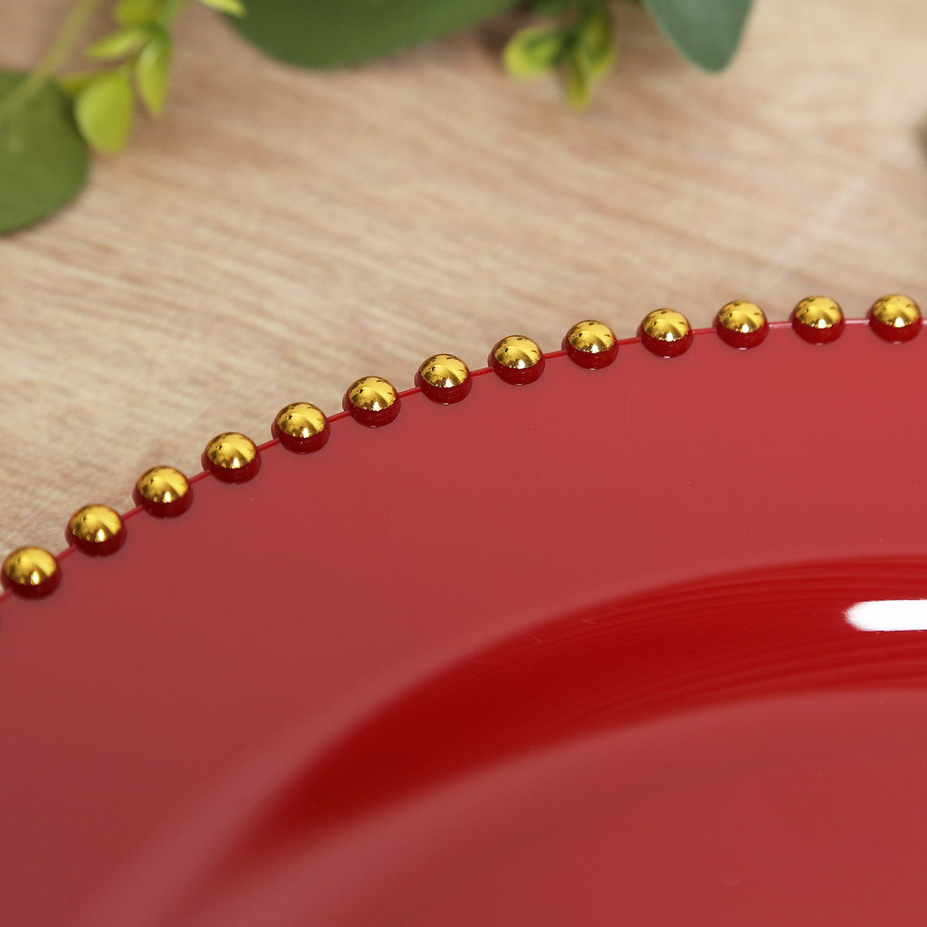 10 - Pack Economy Round Plastic Charger Plates 13" in Red with Gold Beaded Rim, Stylish Dinner Party Serving Plates - Bell Racket Store