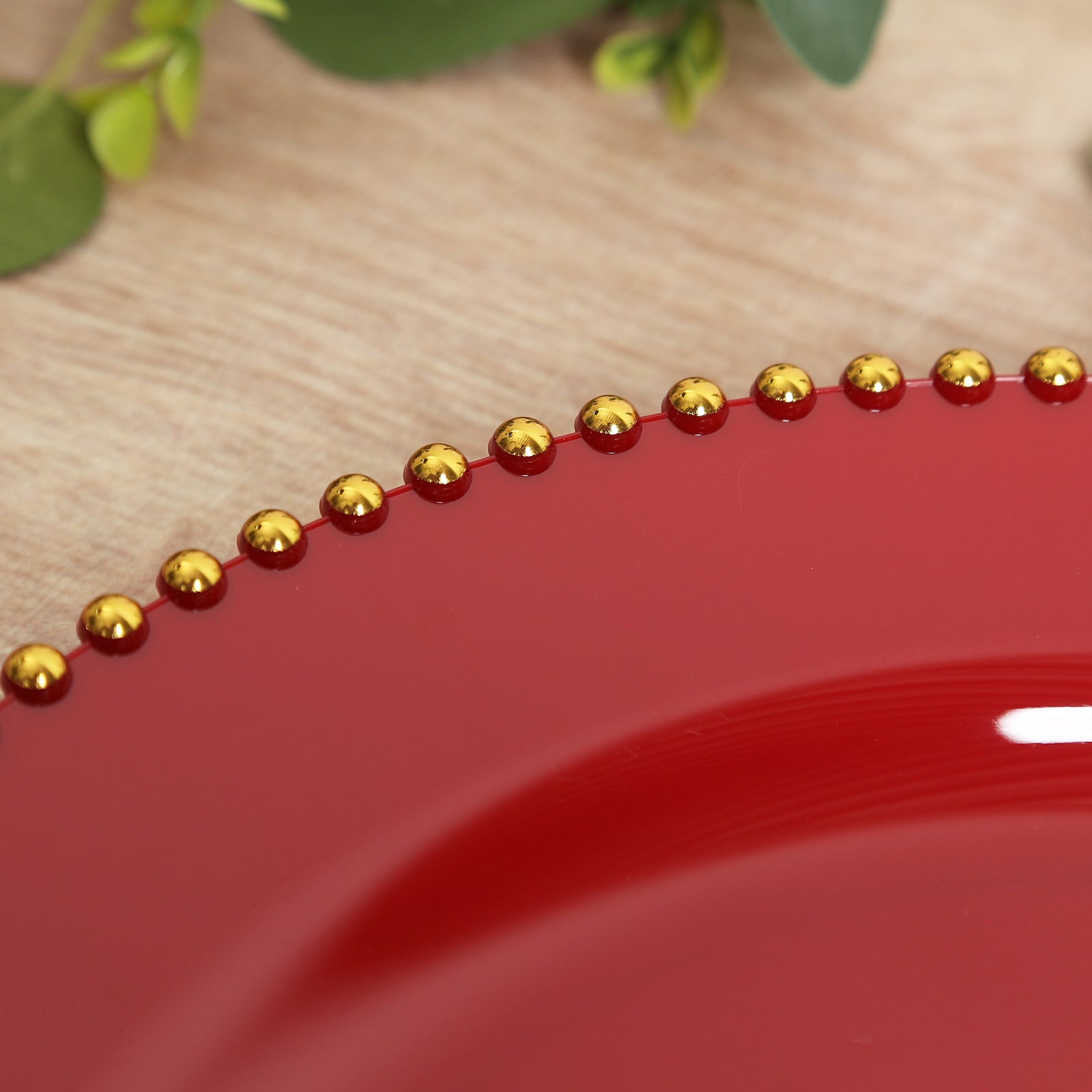 10 - Pack Economy Round Plastic Charger Plates 13" in Red with Gold Beaded Rim, Stylish Dinner Party Serving Plates - Bell Racket Store