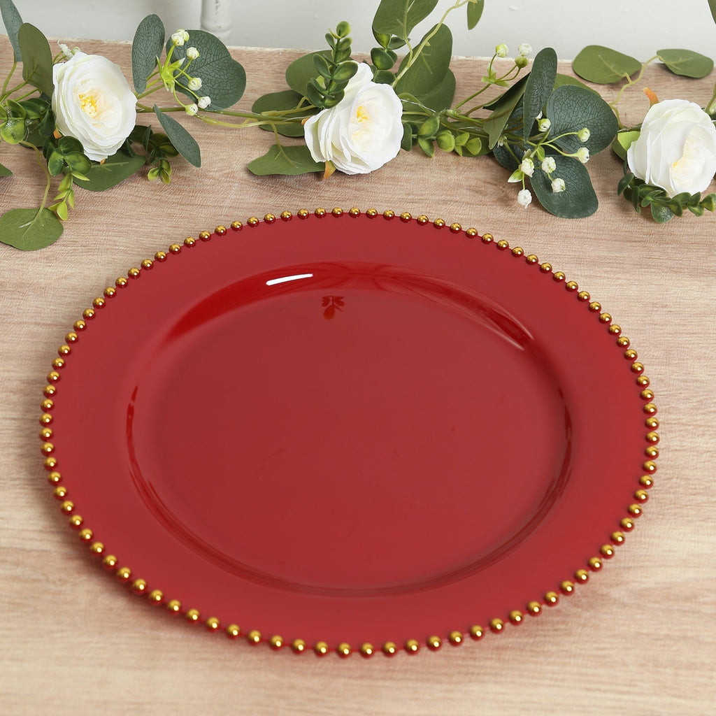 10 - Pack Economy Round Plastic Charger Plates 13" in Red with Gold Beaded Rim, Stylish Dinner Party Serving Plates - Bell Racket Store