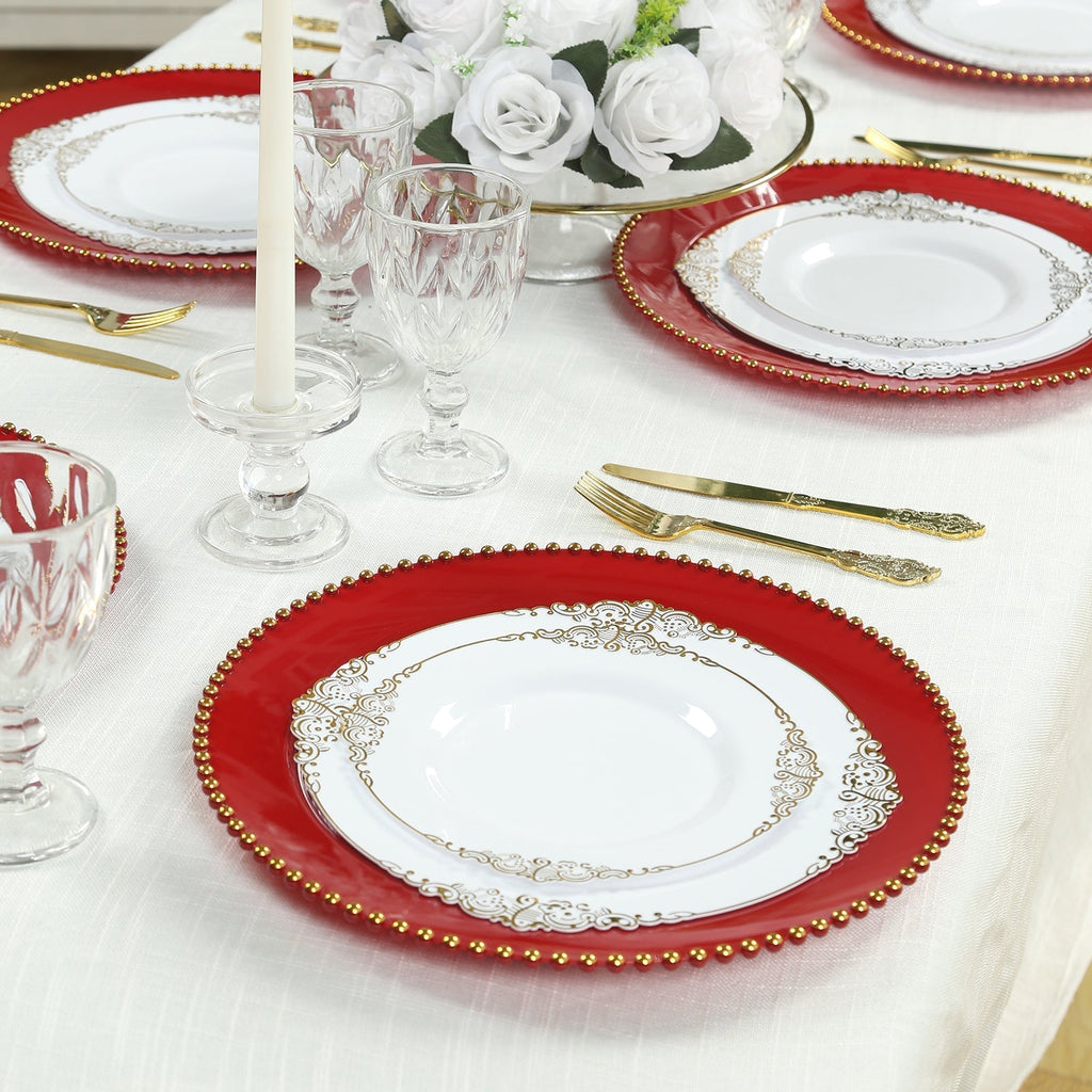 10 - Pack Economy Round Plastic Charger Plates 13" in Red with Gold Beaded Rim, Stylish Dinner Party Serving Plates - Bell Racket Store