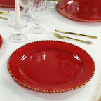 10 - Pack Economy Round Plastic Charger Plates 13" in Red with Gold Beaded Rim, Stylish Dinner Party Serving Plates - Bell Racket Store