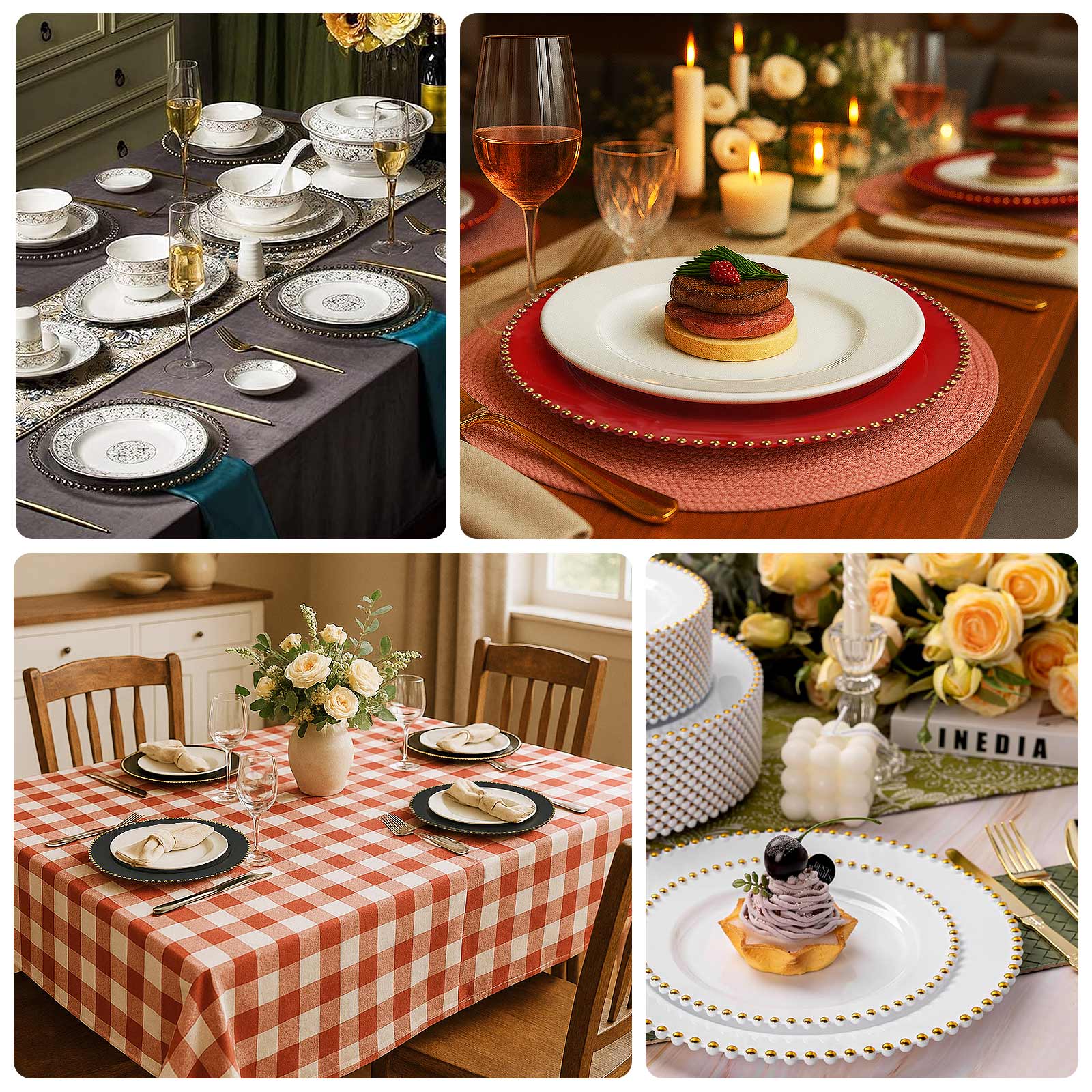 10 - Pack Economy Round Plastic Charger Plates 13" in Red with Gold Beaded Rim, Stylish Dinner Party Serving Plates - Bell Racket Store