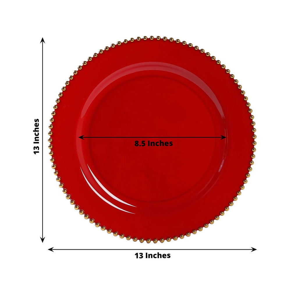 10 - Pack Economy Round Plastic Charger Plates 13" in Red with Gold Beaded Rim, Stylish Dinner Party Serving Plates - Bell Racket Store