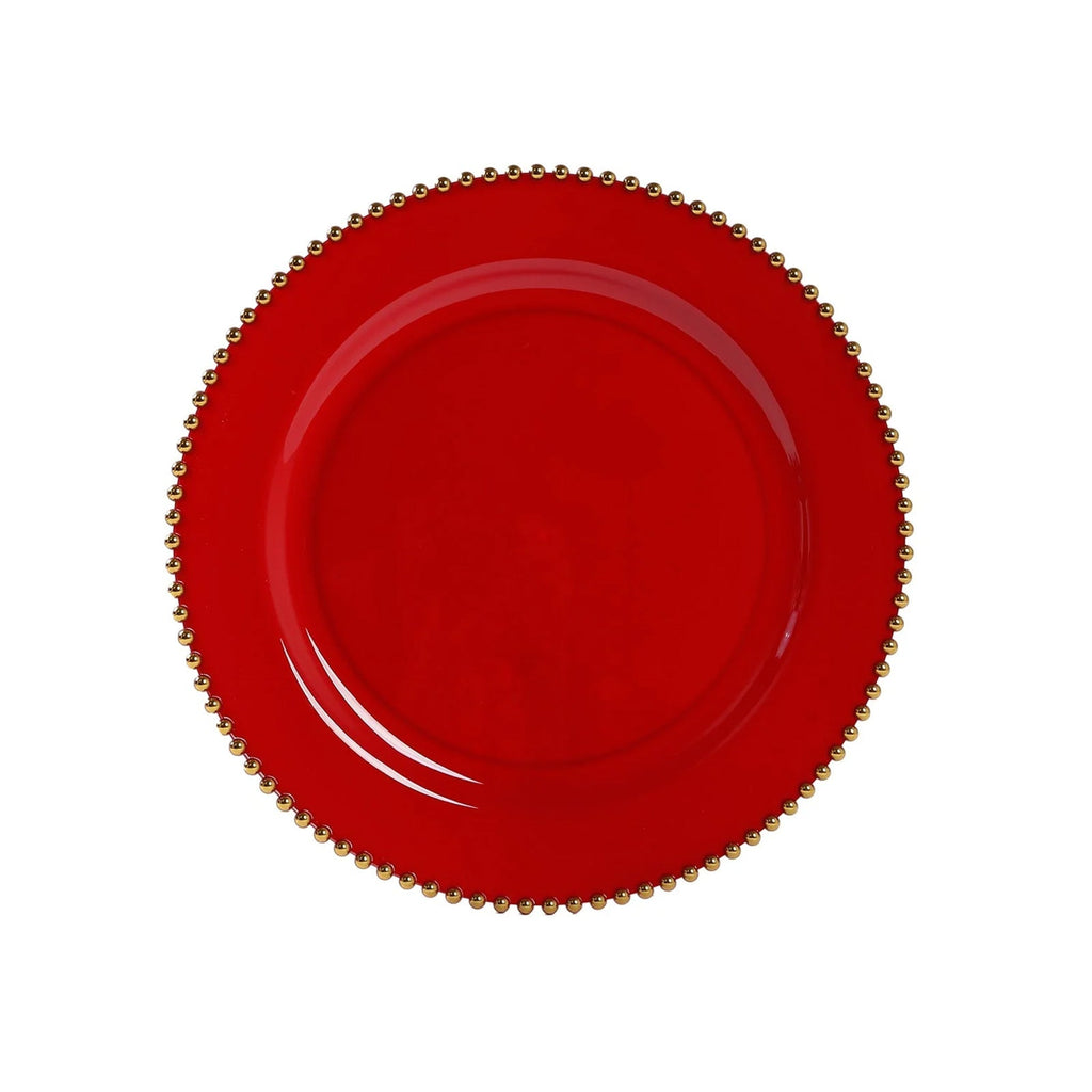 10 - Pack Economy Round Plastic Charger Plates 13" in Red with Gold Beaded Rim, Stylish Dinner Party Serving Plates - Bell Racket Store