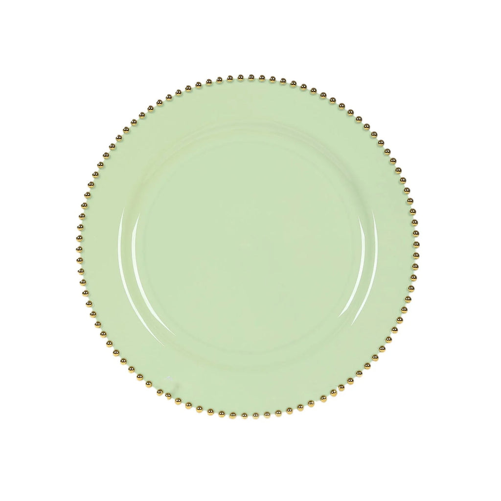 10 - Pack Economy Round Plastic Charger Plates 13" in Sage Green with Gold Beaded Rim, Stylish Dinner Party Serving Plates - Bell Racket Store