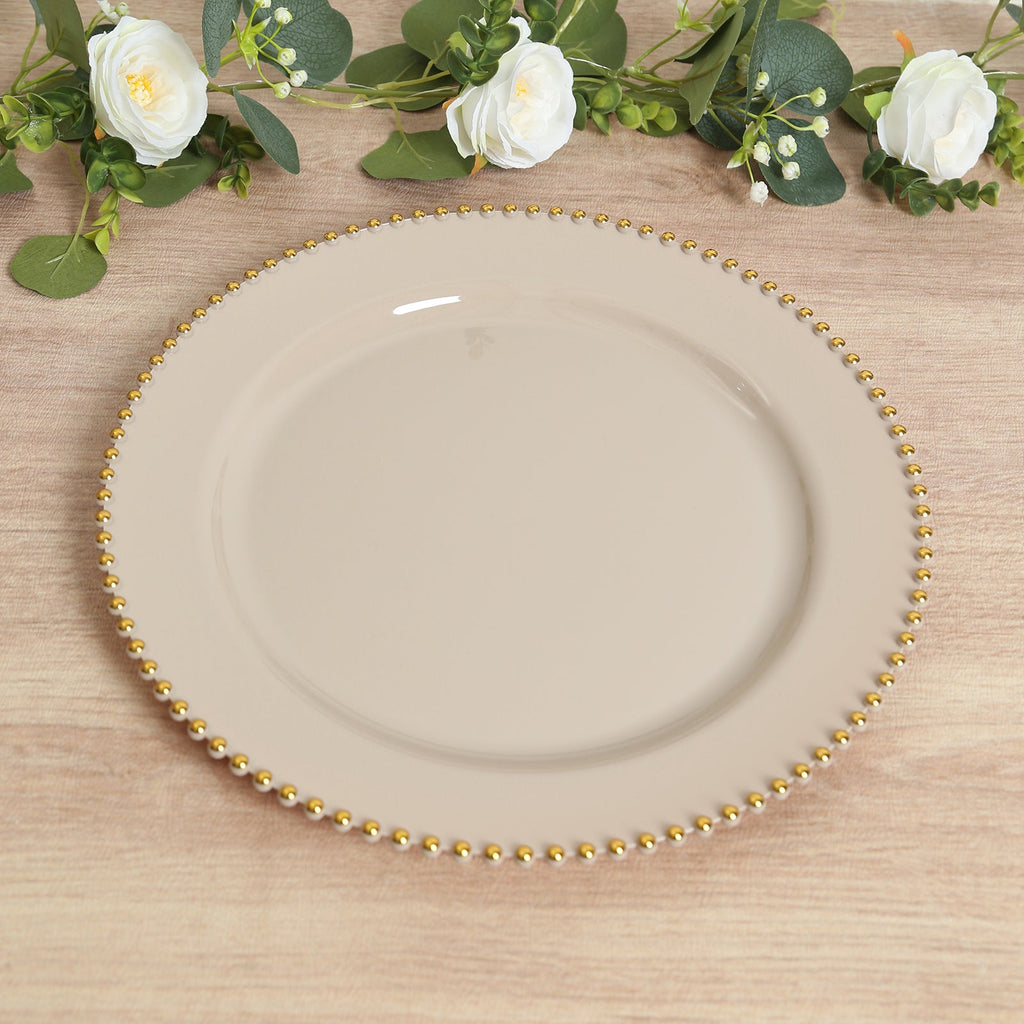 10 - Pack Economy Round Plastic Charger Plates 13" in Taupe with Gold Beaded Rim, Stylish Dinner Party Serving Plates - Bell Racket Store