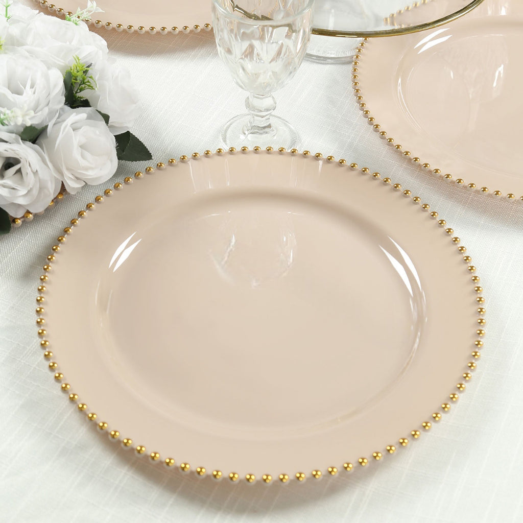 10 - Pack Economy Round Plastic Charger Plates 13" in Taupe with Gold Beaded Rim, Stylish Dinner Party Serving Plates - Bell Racket Store