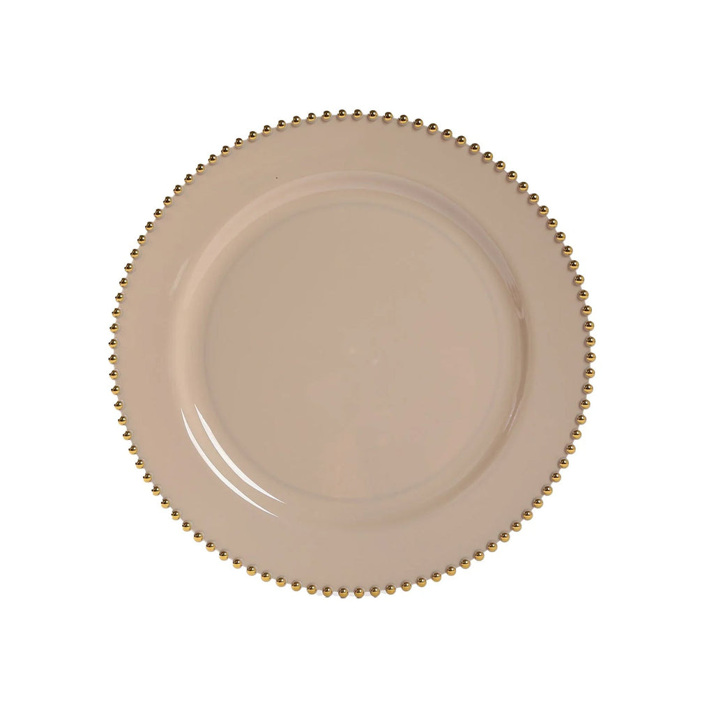 10 - Pack Economy Round Plastic Charger Plates 13" in Taupe with Gold Beaded Rim, Stylish Dinner Party Serving Plates - Bell Racket Store