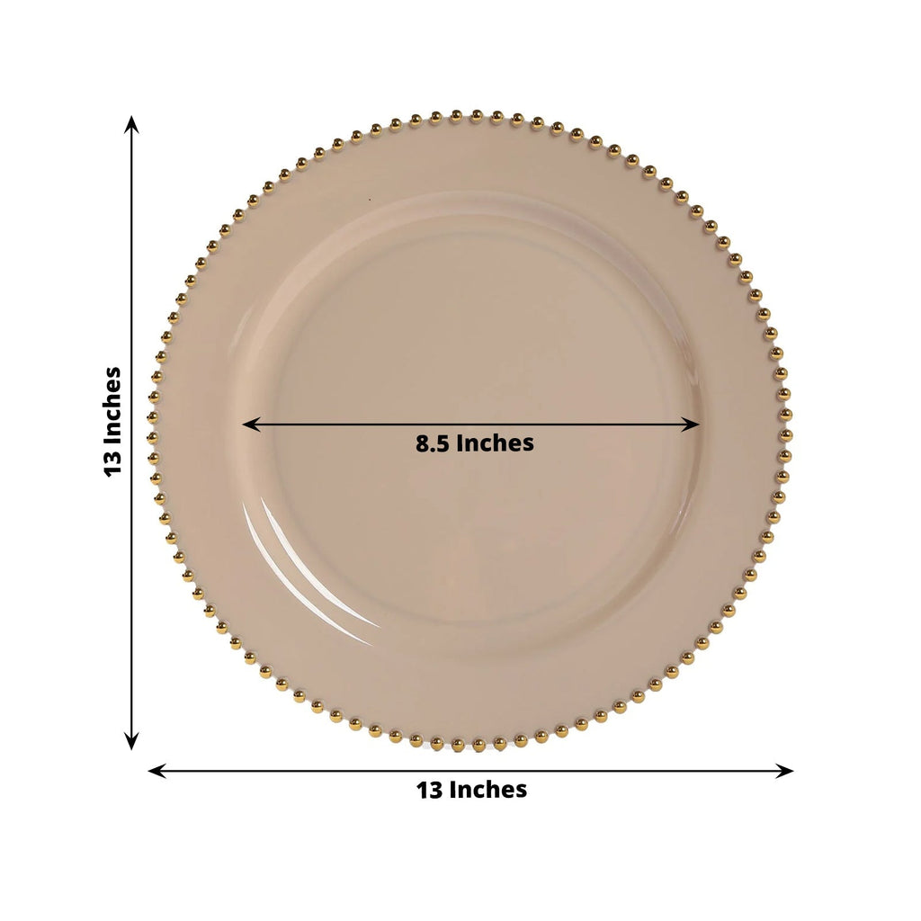 10 - Pack Economy Round Plastic Charger Plates 13" in Taupe with Gold Beaded Rim, Stylish Dinner Party Serving Plates - Bell Racket Store