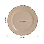 10 - Pack Economy Round Plastic Charger Plates 13" in Taupe with Gold Beaded Rim, Stylish Dinner Party Serving Plates - Bell Racket Store