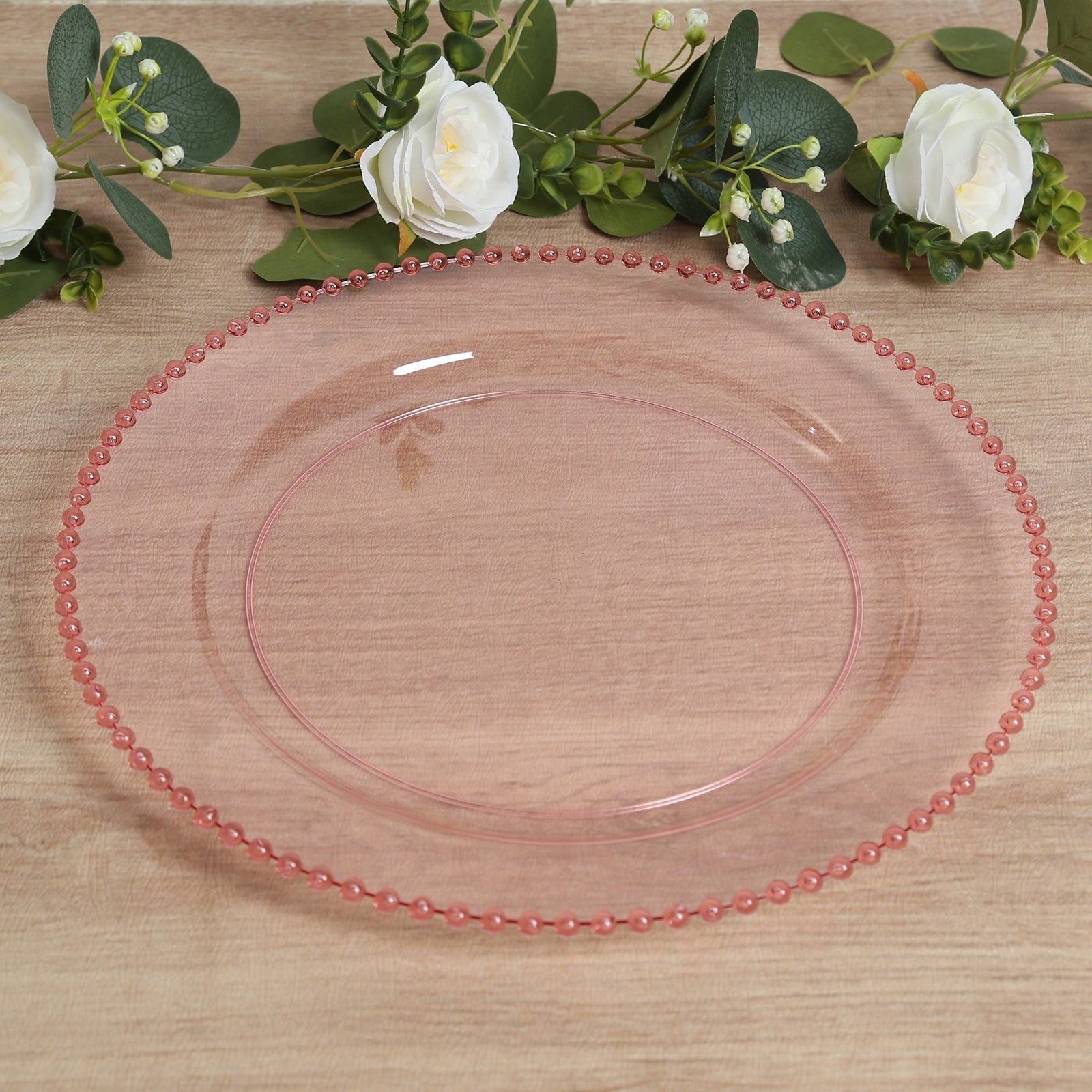 10 - Pack Economy Round Plastic Charger Plates 13" in Transparent Blush with Beaded Rim, Stylish Dinner Party Serving Plates - Bell Racket Store