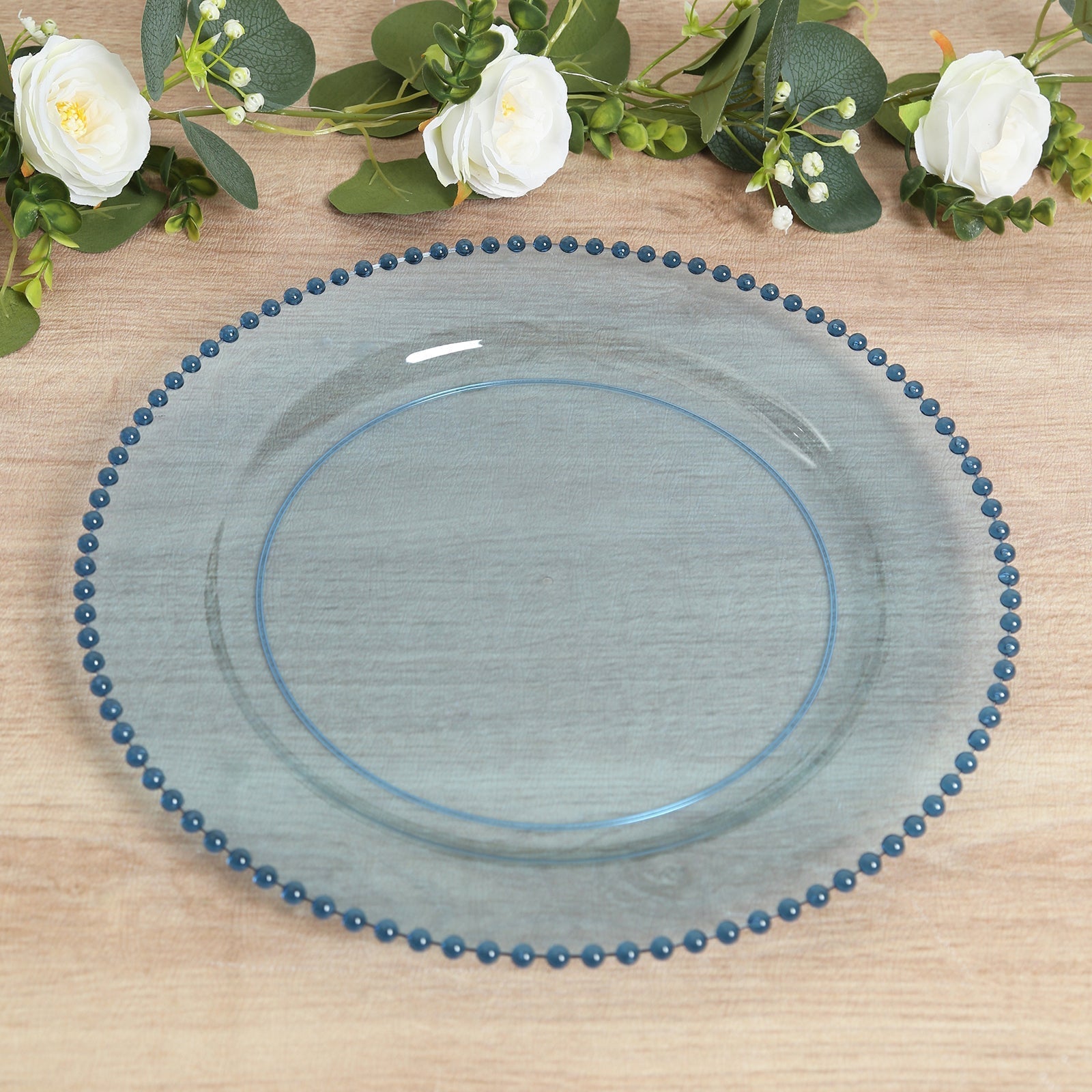 10 - Pack Economy Round Plastic Charger Plates 13" in Transparent Dusty Blue with Beaded Rim, Stylish Dinner Party Serving Plates - Bell Racket Store